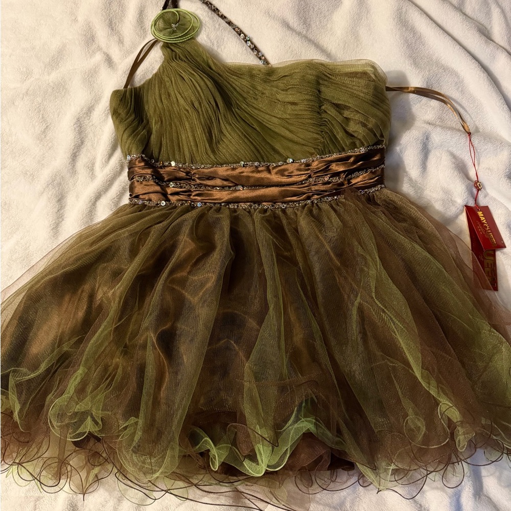 May Queen Olive and Brown One-Shoulder Prom Dress